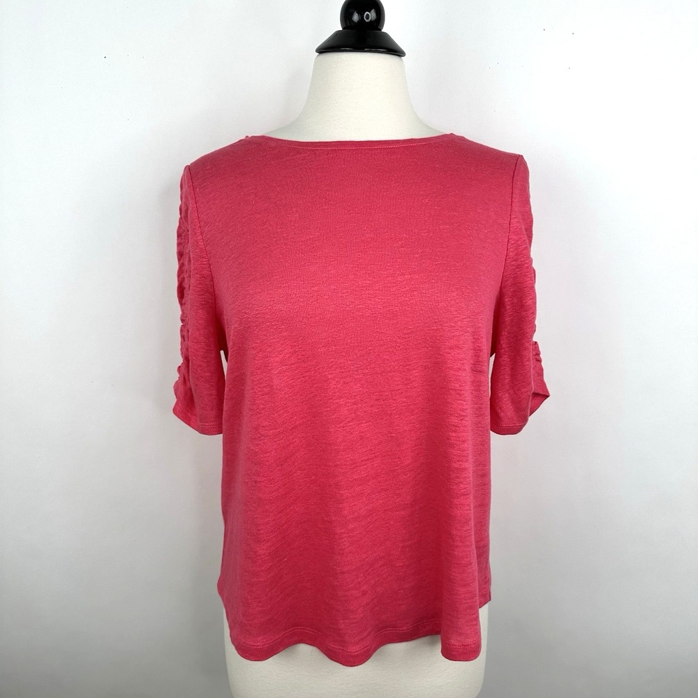 Chico's 100% Linen Ruched Short Sleeve Tee Size 1 Medium 8 10 Watermelon Top‎